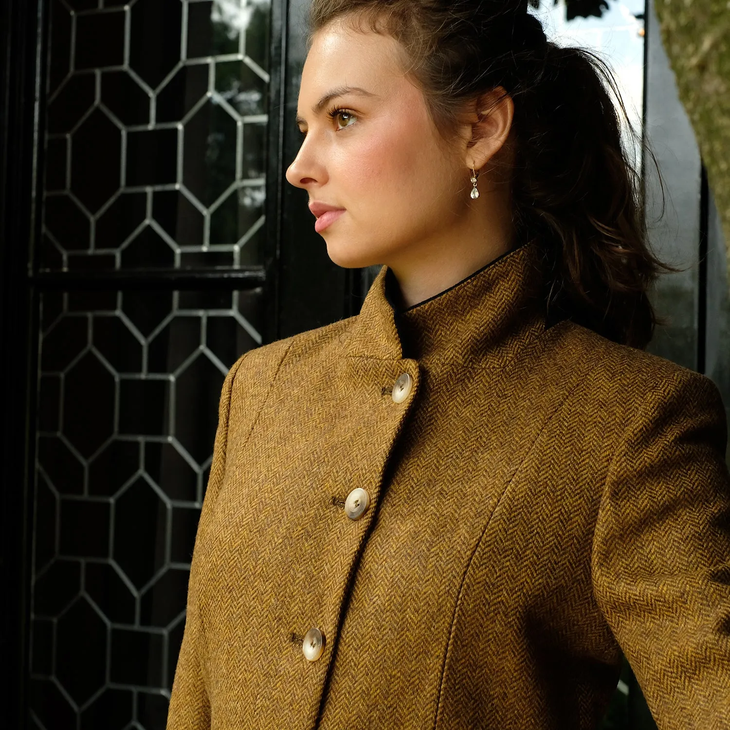 Fitted Tweed Coat in Mustard Herringbone