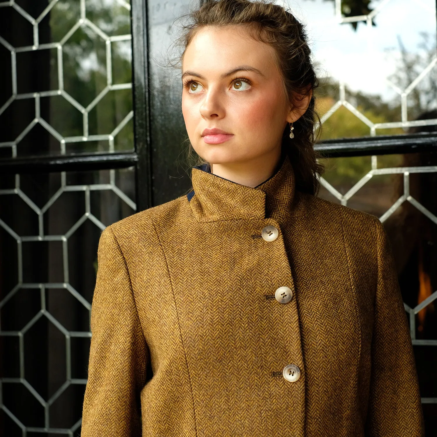 Fitted Tweed Coat in Mustard Herringbone