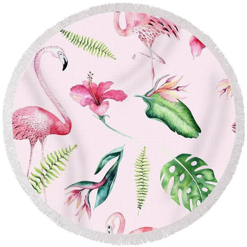 Flamingo And Hibiscus Round Beach Towel