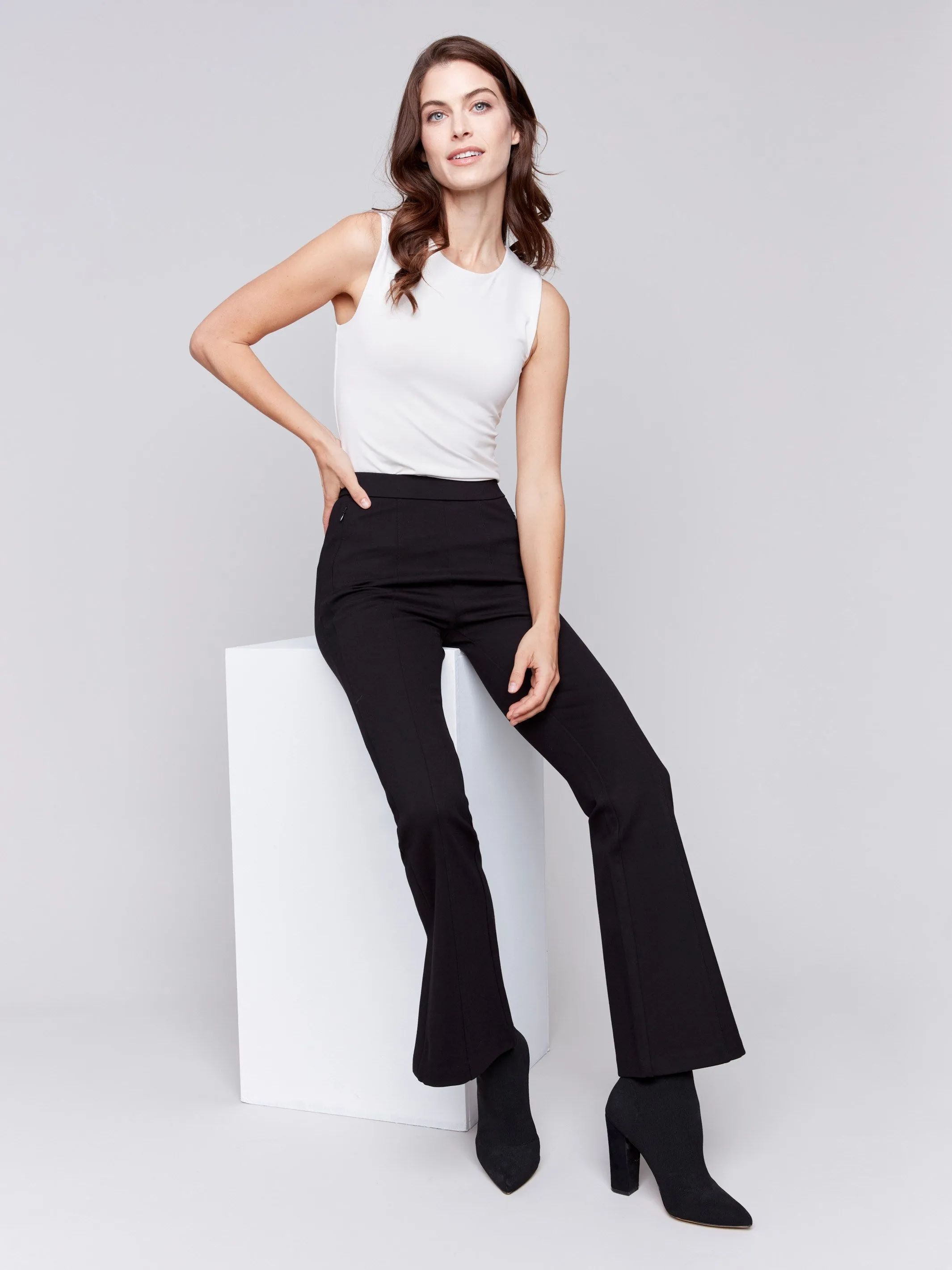 Flare Ponte Pants with Side Slits - Black