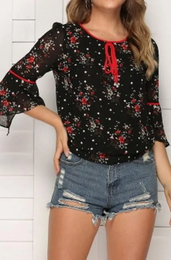 Floral Flared Sleeves Loose Chiffon Blouse