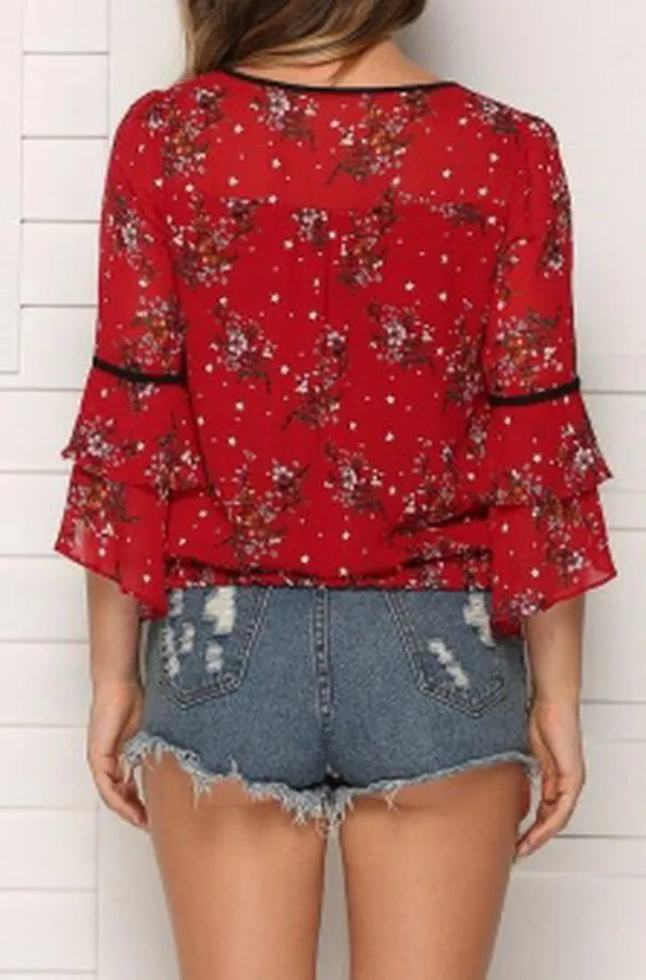 Floral Flared Sleeves Loose Chiffon Blouse