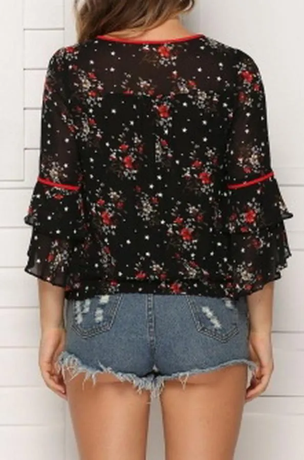 Floral Flared Sleeves Loose Chiffon Blouse