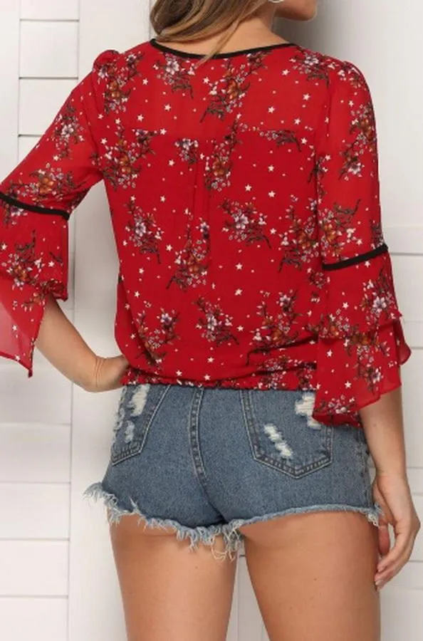 Floral Flared Sleeves Loose Chiffon Blouse