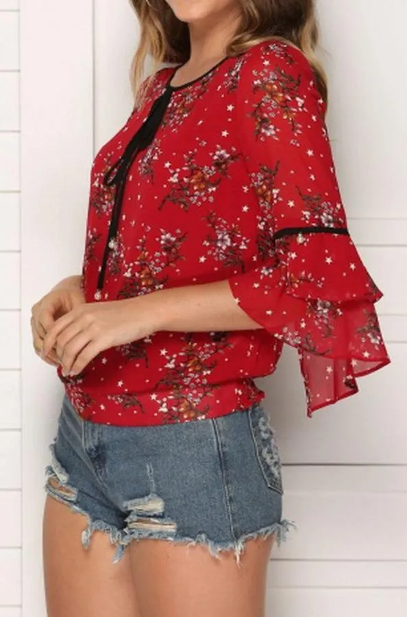 Floral Flared Sleeves Loose Chiffon Blouse