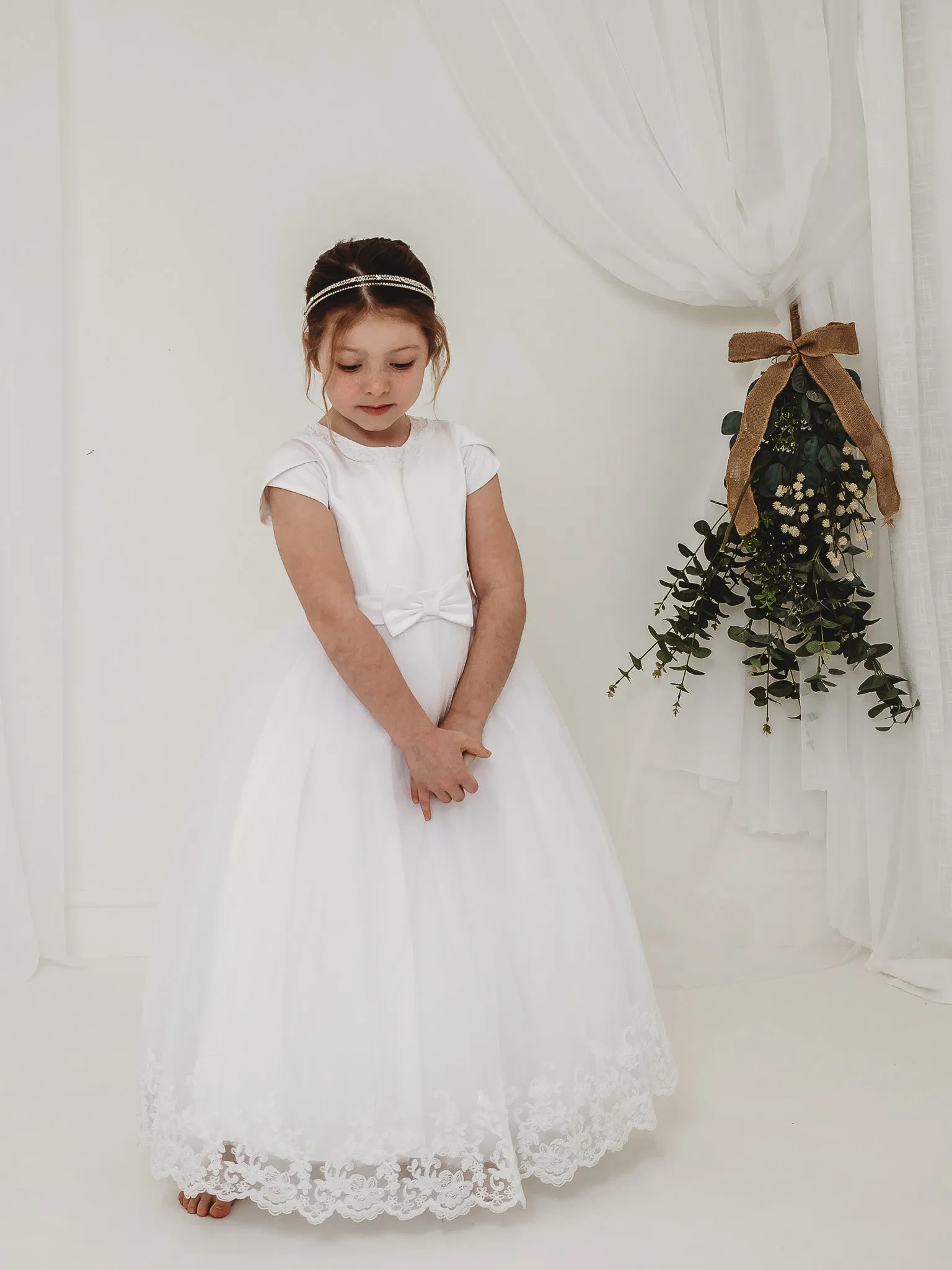 'Florence' White Pearl & Lace Communion Dress