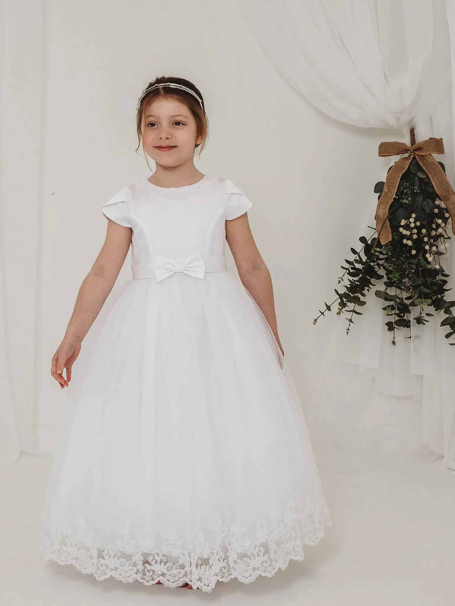 'Florence' White Pearl & Lace Communion Dress