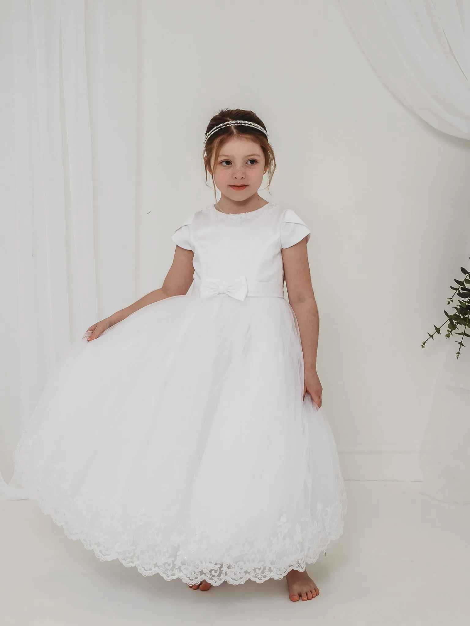 'Florence' White Pearl & Lace Communion Dress