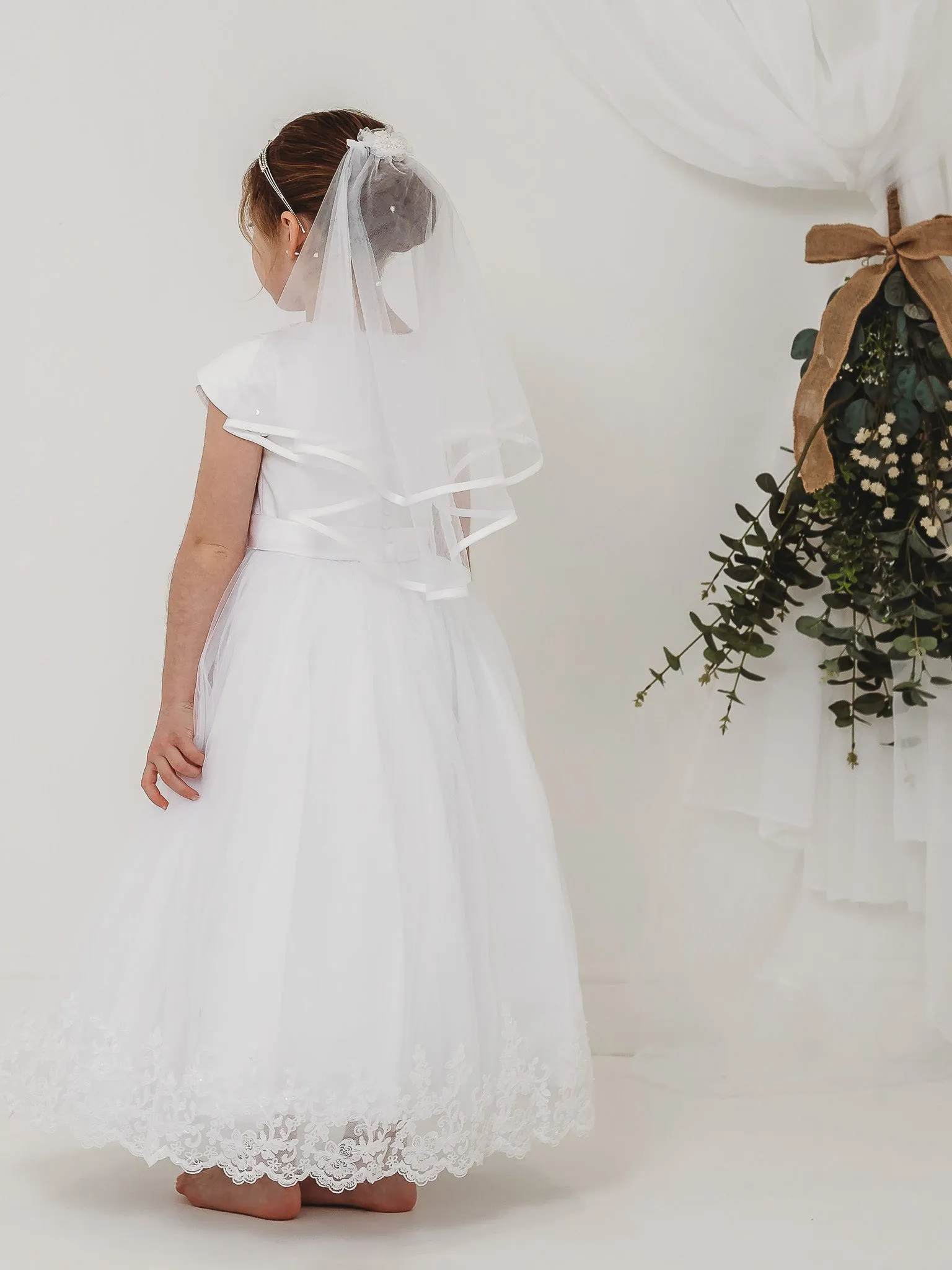 'Florence' White Pearl & Lace Communion Dress