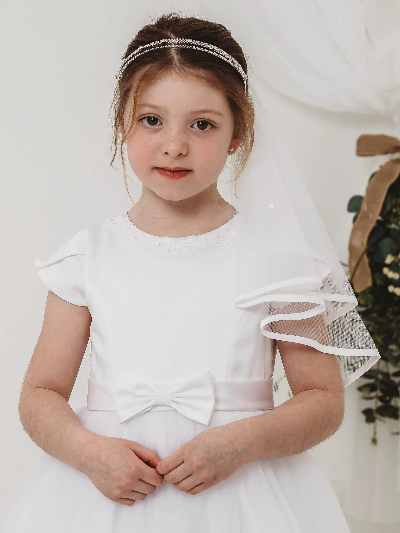 'Florence' White Pearl & Lace Communion Dress