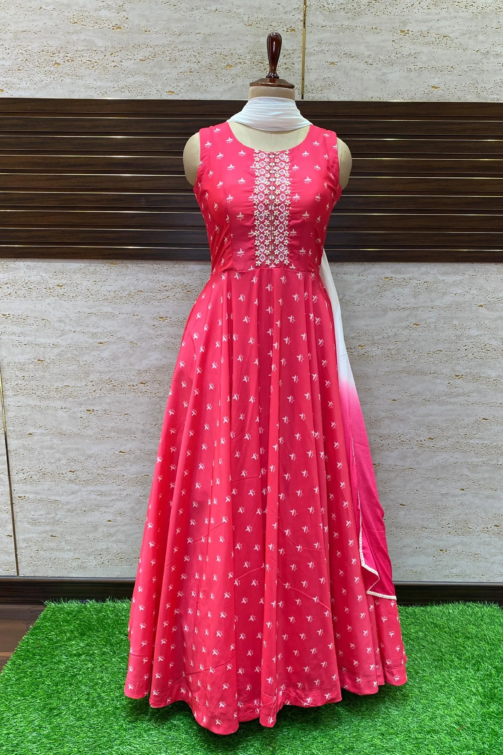 Fluorescent Pink Sequins and Stone Work with Digital Print Floor Length Anarkali Suit