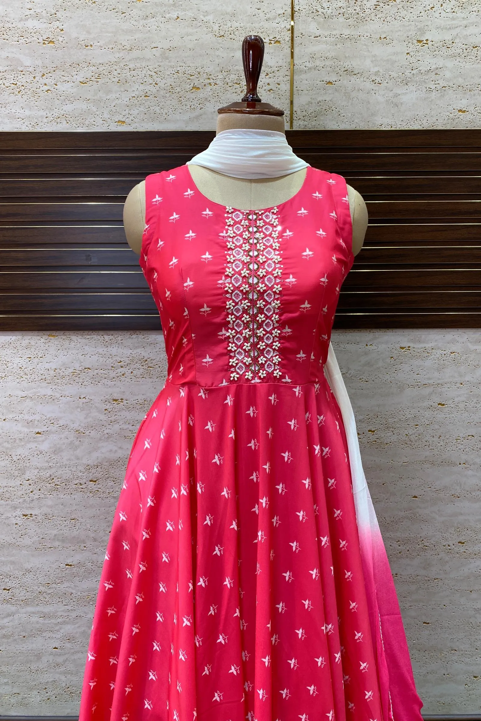 Fluorescent Pink Sequins and Stone Work with Digital Print Floor Length Anarkali Suit