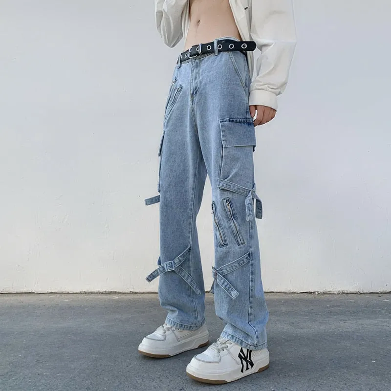 Foesce -New Men Jeans Wide Leg Denim Cargo jean pants Gothic Straight Baggy hip hop Streetwear Skateboard Neutral denim Trousers