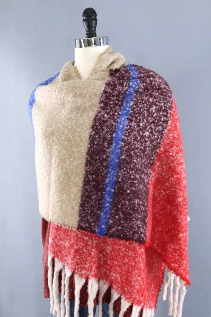 Fuzzy Shawl Scarf / Red Plum Stripes