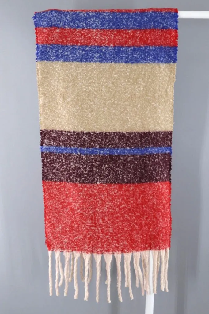 Fuzzy Shawl Scarf / Red Plum Stripes