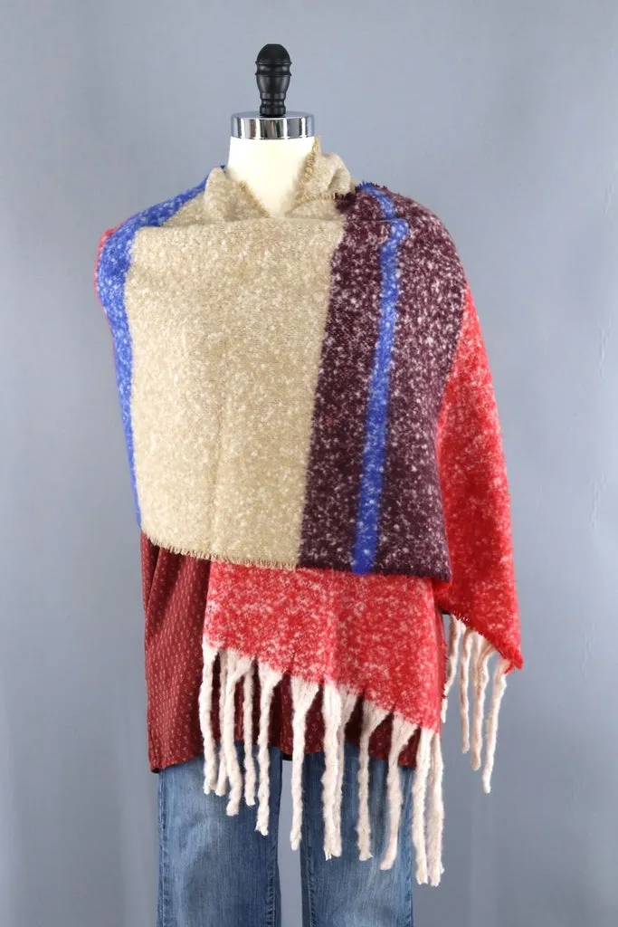 Fuzzy Shawl Scarf / Red Plum Stripes