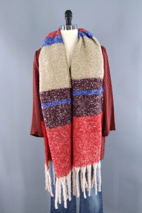 Fuzzy Shawl Scarf / Red Plum Stripes