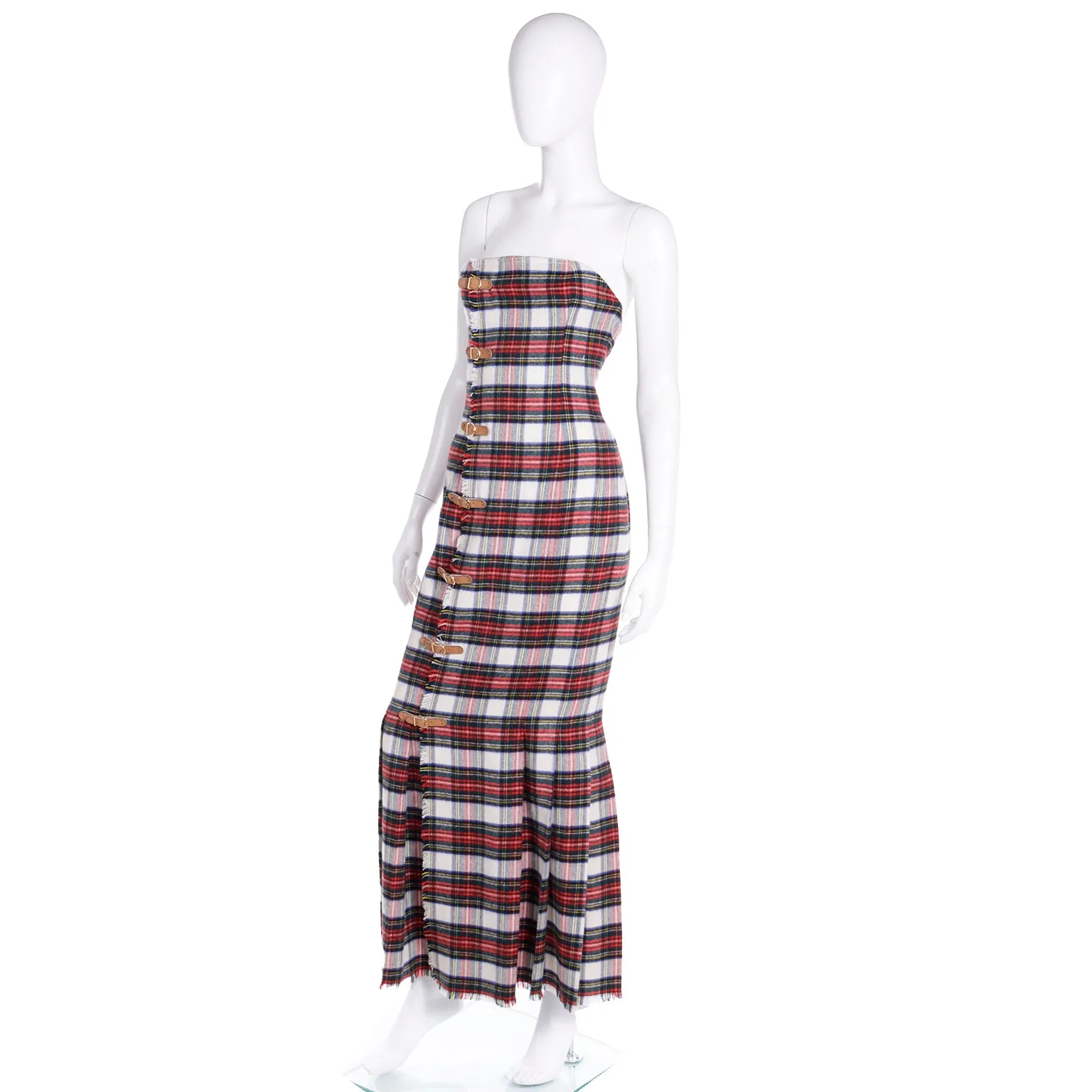 F/W 1989 Isaac Mizrahi "Extreme Kilt" Strapless Red Tartan Plaid Dress