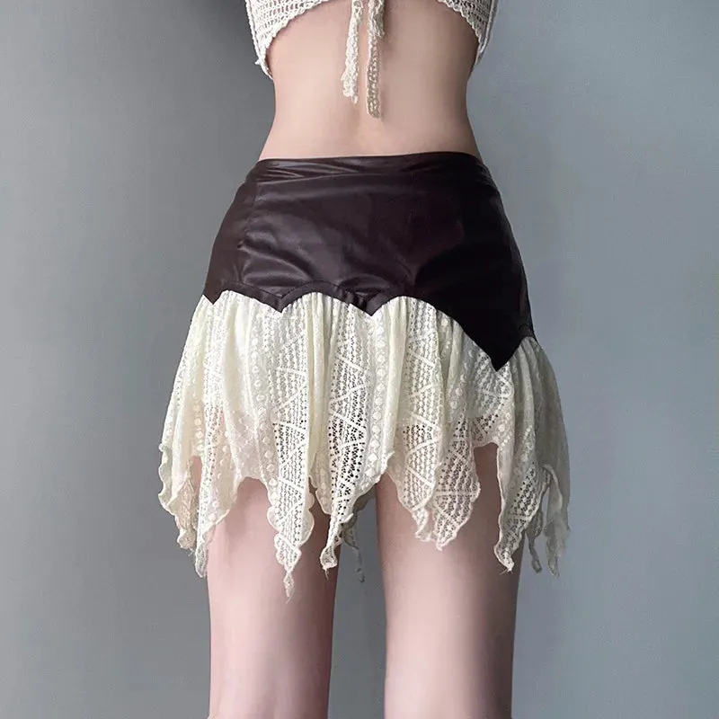 Girlary In American Retro Short Skirt One Piece Lace Patchwork Leather Half Skirt Women's Low Waisted Personalized Belt Pleated Skirt