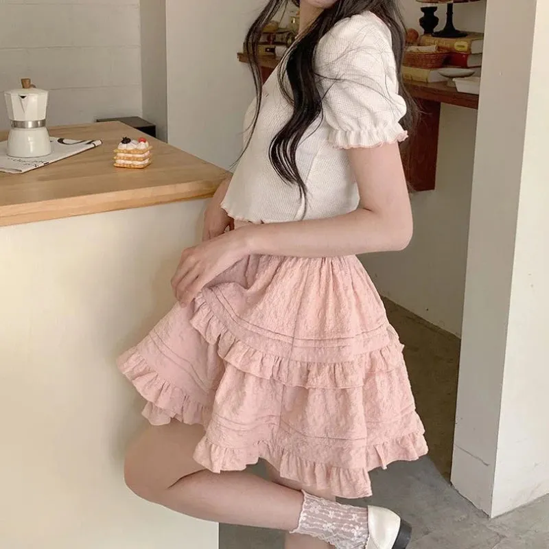 Girlary kawaii Japanese Style Women Mini Skirt Ruffle Layered Lolita Pink Cutecore Sweet Short Skirts Lace Elegant A-line Skirt