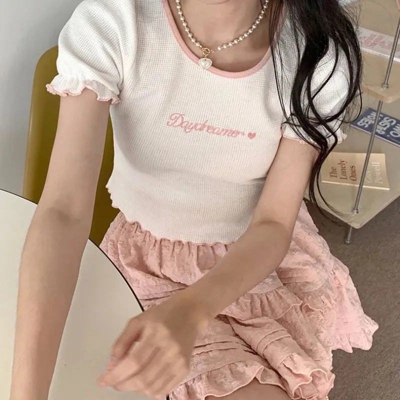 Girlary kawaii Japanese Style Women Mini Skirt Ruffle Layered Lolita Pink Cutecore Sweet Short Skirts Lace Elegant A-line Skirt