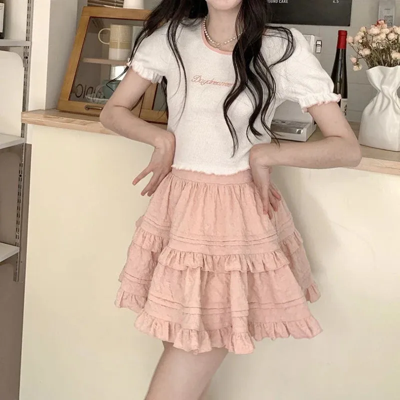 Girlary kawaii Japanese Style Women Mini Skirt Ruffle Layered Lolita Pink Cutecore Sweet Short Skirts Lace Elegant A-line Skirt