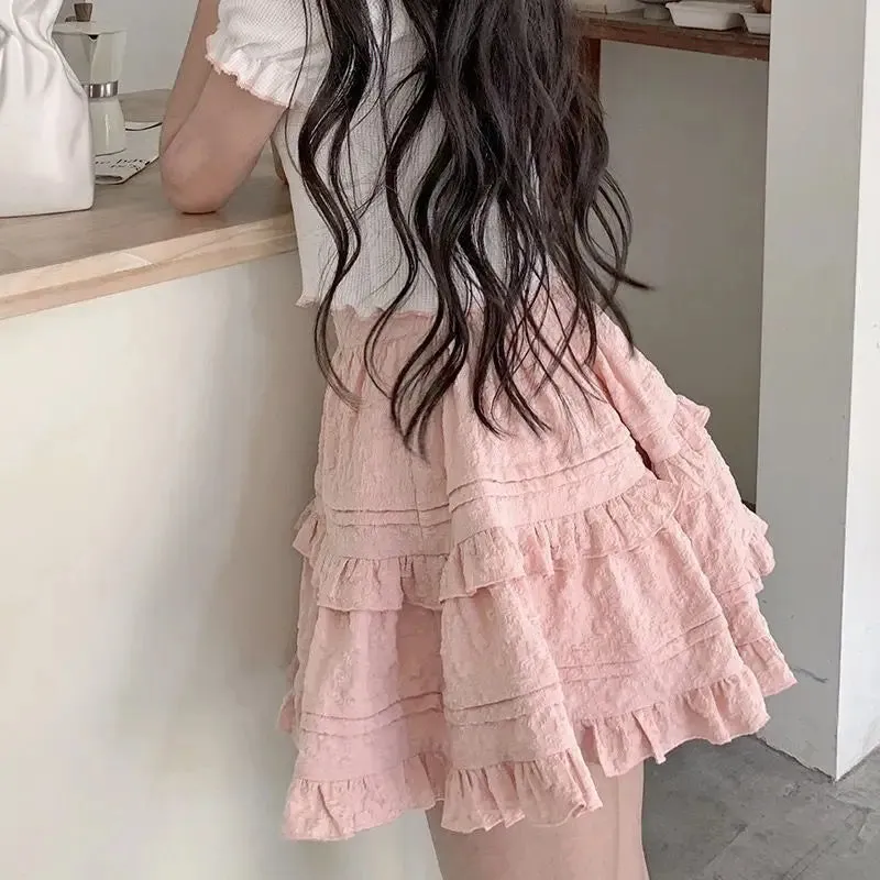 Girlary kawaii Japanese Style Women Mini Skirt Ruffle Layered Lolita Pink Cutecore Sweet Short Skirts Lace Elegant A-line Skirt