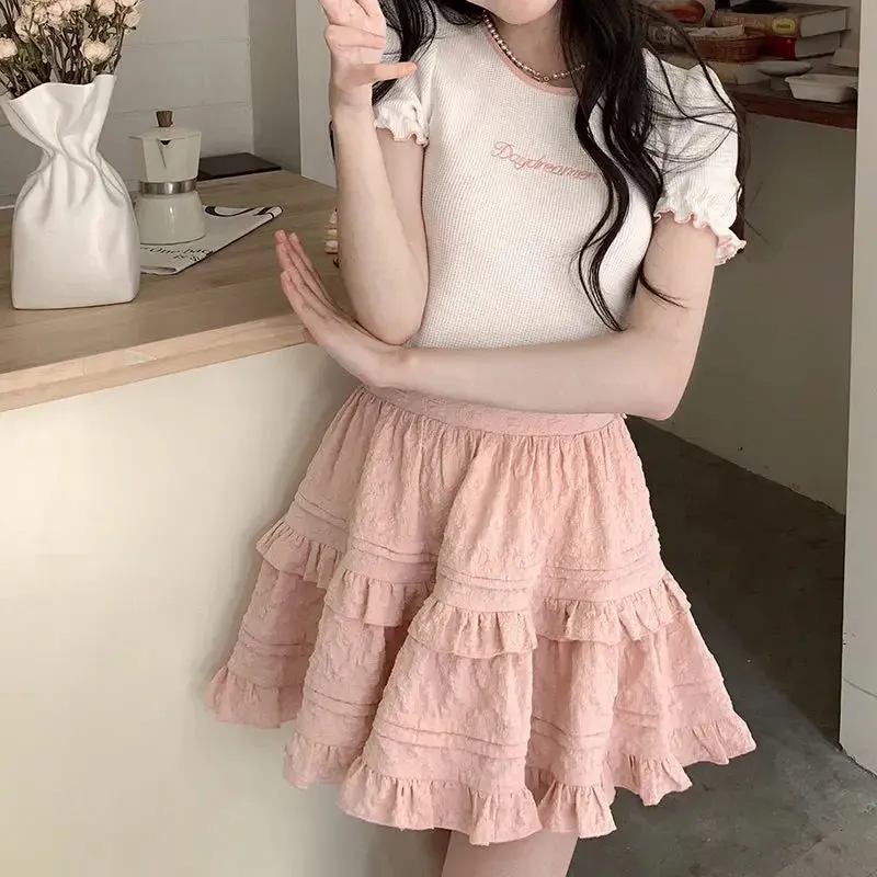 Girlary kawaii Japanese Style Women Mini Skirt Ruffle Layered Lolita Pink Cutecore Sweet Short Skirts Lace Elegant A-line Skirt