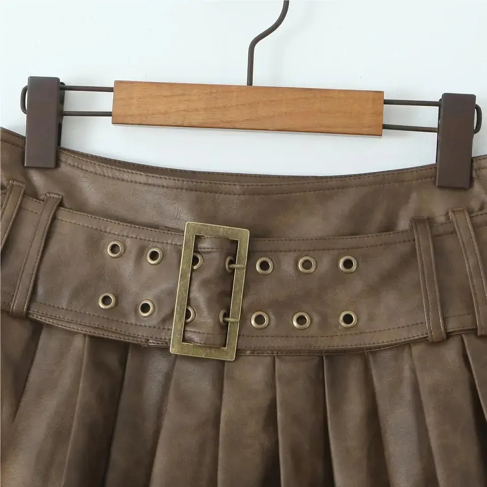 Girlary Korean Fashion Faux Leather Skirts For Woman Mini Skirts Low Waist Summer Vintage PU Leather Pleated Skirt With Belt Brown