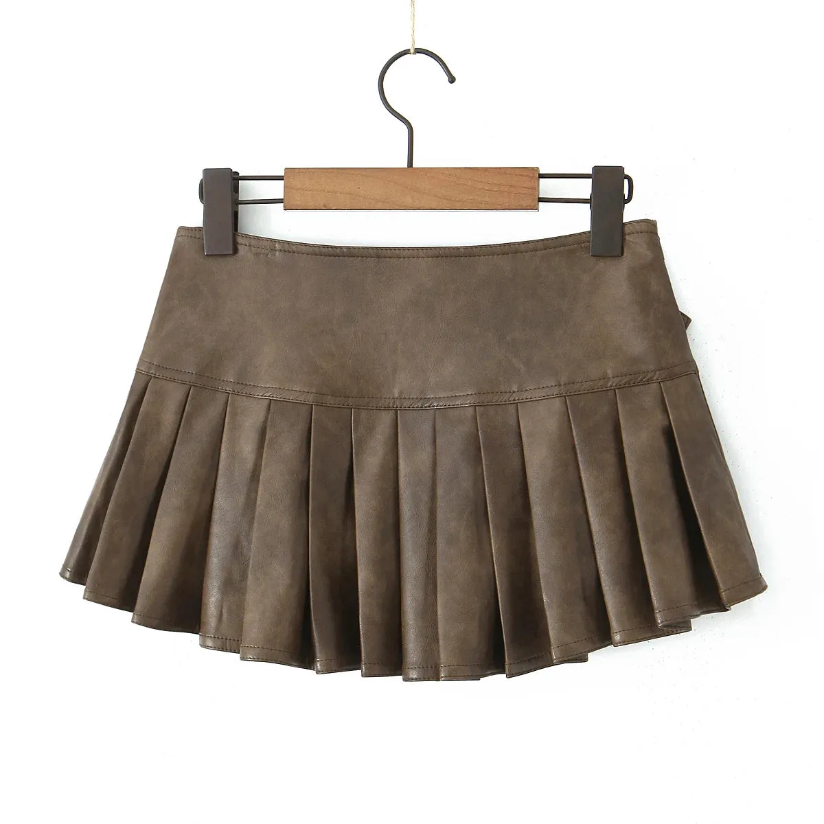 Girlary Korean Fashion Faux Leather Skirts For Woman Mini Skirts Low Waist Summer Vintage PU Leather Pleated Skirt With Belt Brown