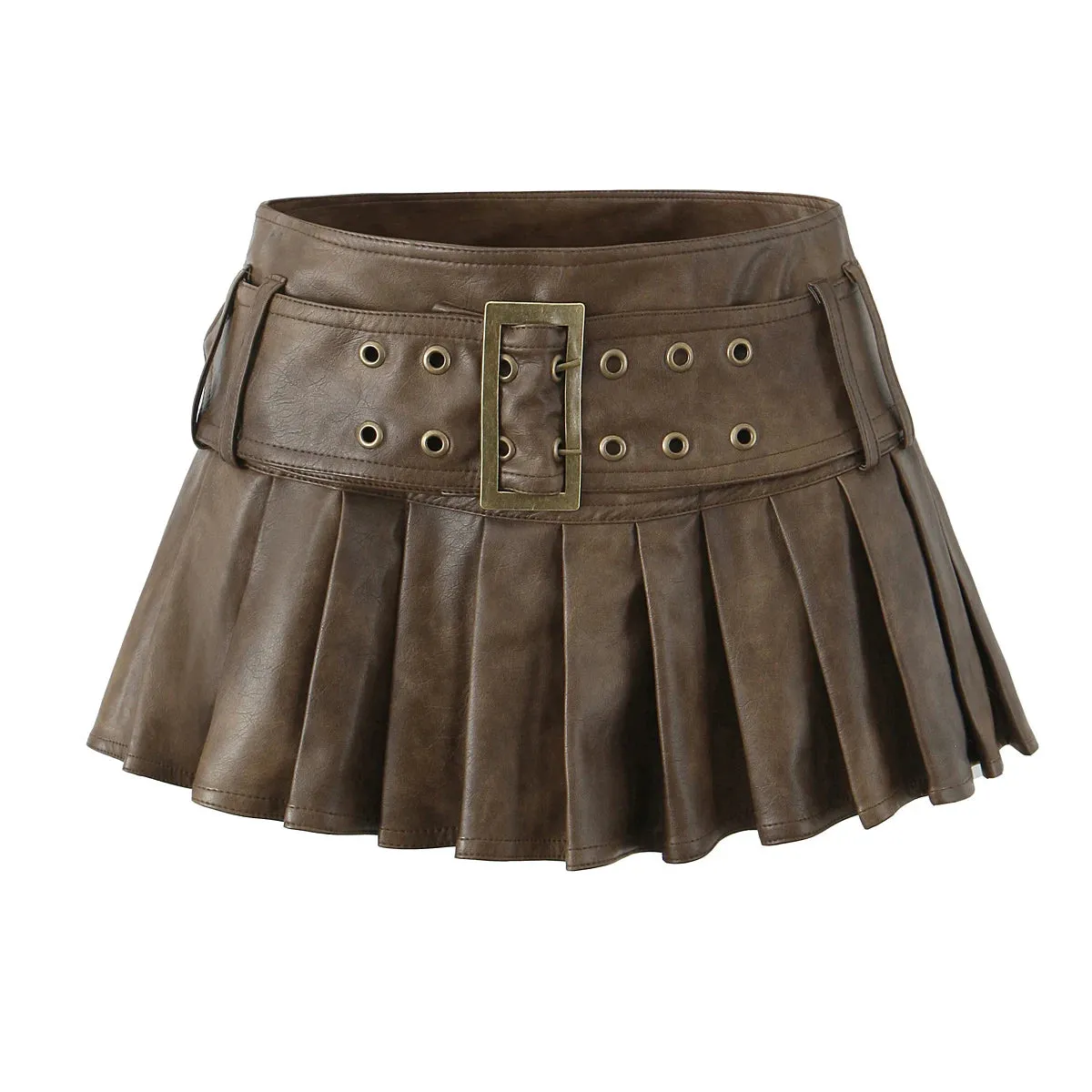 Girlary Korean Fashion Faux Leather Skirts For Woman Mini Skirts Low Waist Summer Vintage PU Leather Pleated Skirt With Belt Brown