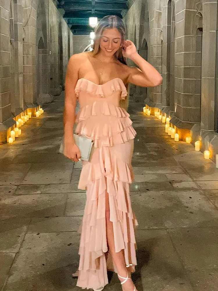 Girlary Pink Sexy Backless Layered Ruffles Women Dress Sweet Off Shoulder Sleeveless Slit Long Skirt 2024 New Elegant Lady Party Robes