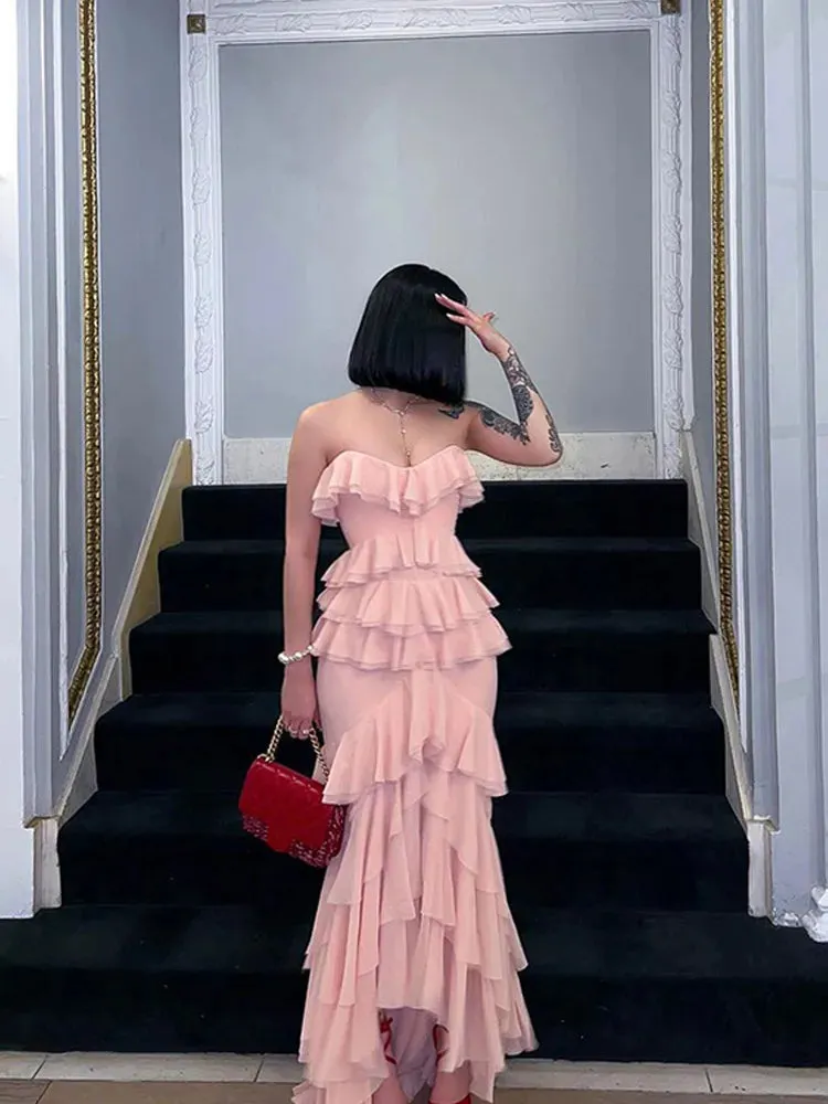 Girlary Pink Sexy Backless Layered Ruffles Women Dress Sweet Off Shoulder Sleeveless Slit Long Skirt 2024 New Elegant Lady Party Robes