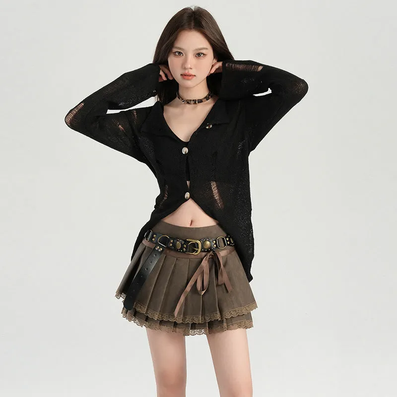 Girlary-shop casual outfits Orange Silk Women's Clothing# American Retro Spicy Girl Lace Leather Pleated Skirt Autumn A- line Cake Short Skirt