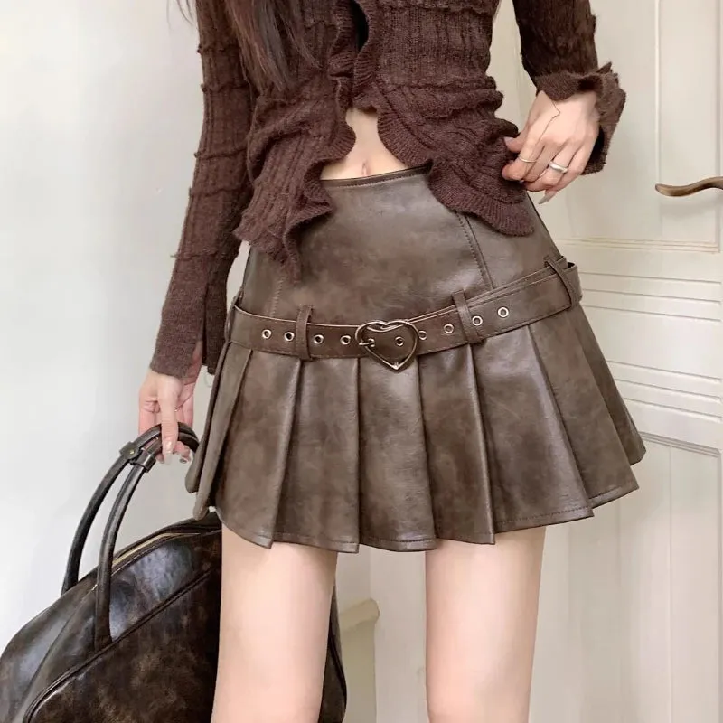 Girlary Vintage Pleated Leather Skirt Women Y2k Gothic Mini Skirts Punk Korean Style Retro Solid Grunge Short Skirts Streetwear