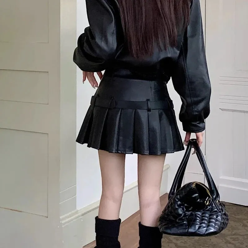 Girlary Vintage Pleated Leather Skirt Women Y2k Gothic Mini Skirts Punk Korean Style Retro Solid Grunge Short Skirts Streetwear