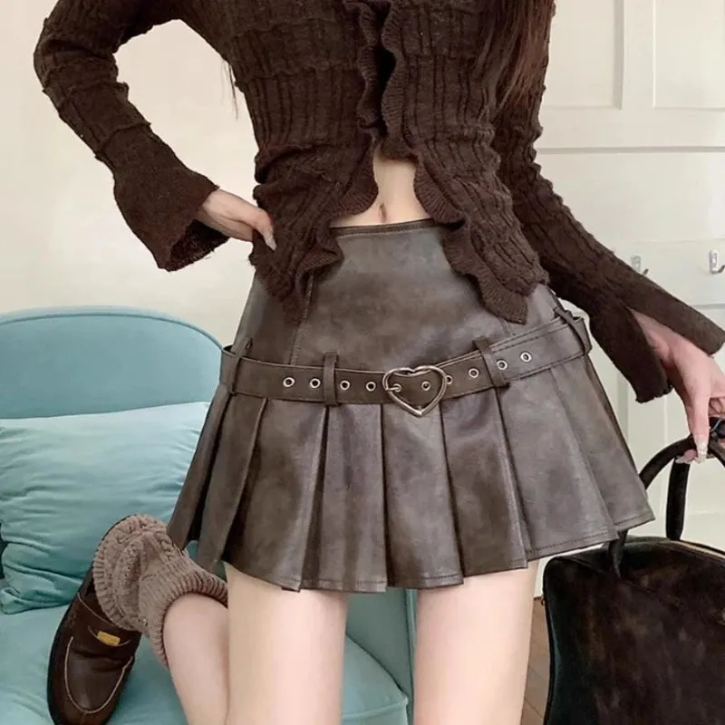 Girlary Vintage Pleated Leather Skirt Women Y2k Gothic Mini Skirts Punk Korean Style Retro Solid Grunge Short Skirts Streetwear