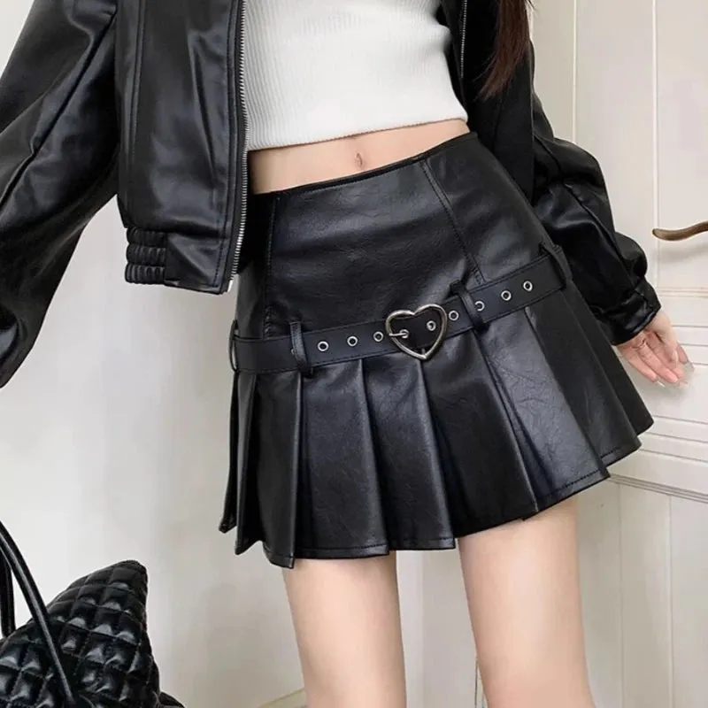 Girlary Vintage Pleated Leather Skirt Women Y2k Gothic Mini Skirts Punk Korean Style Retro Solid Grunge Short Skirts Streetwear