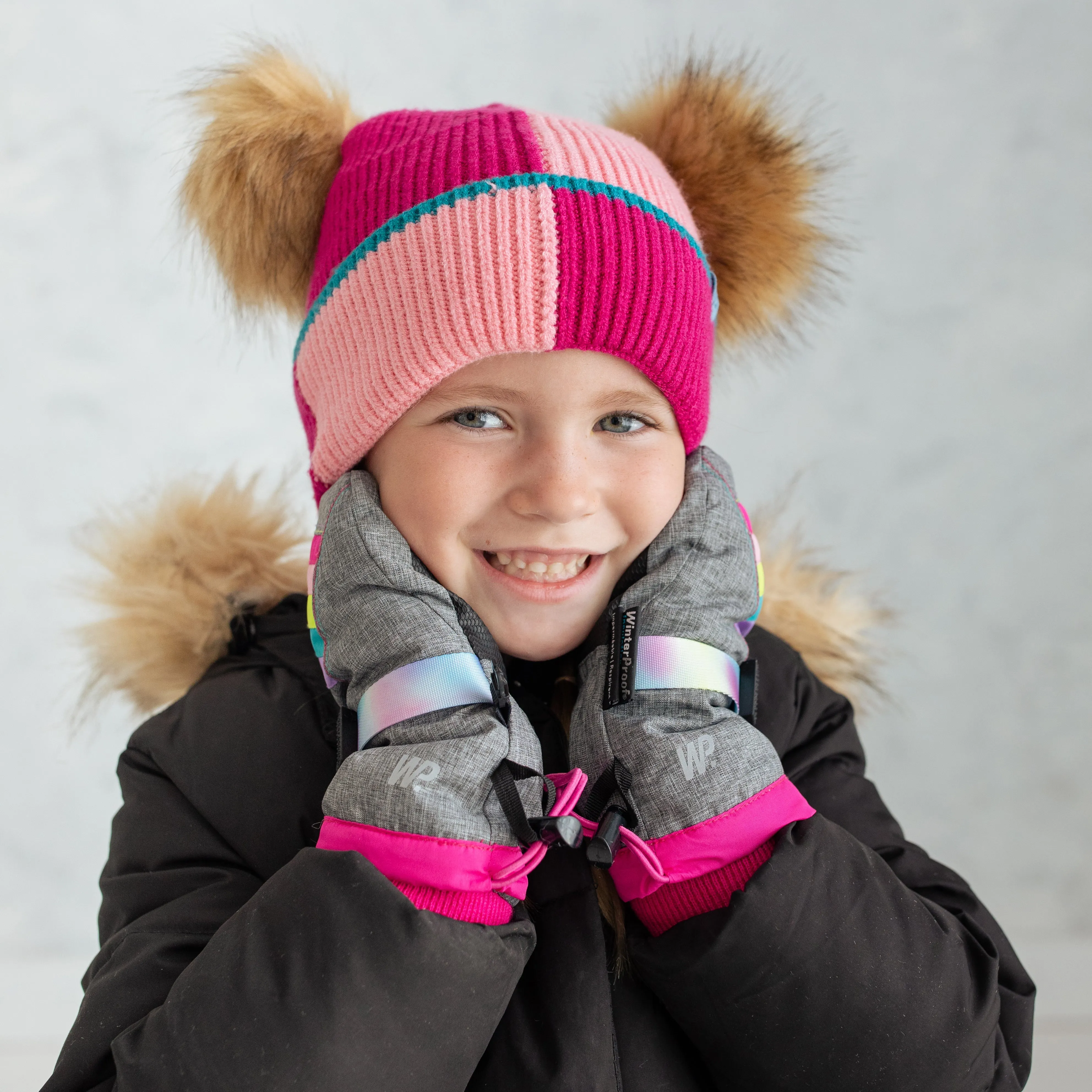 Girl's Pink Colour Block Pom Pom Toque