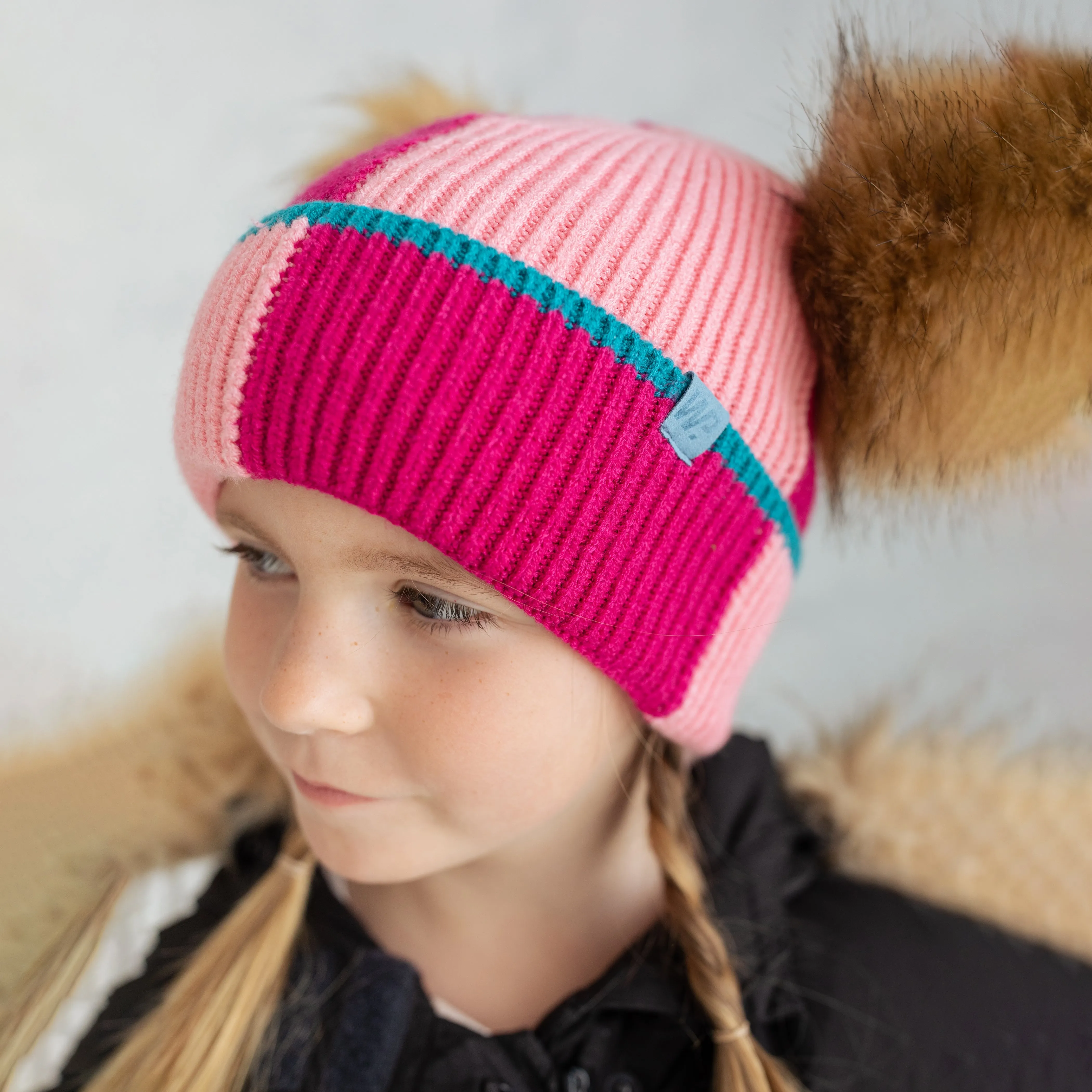 Girl's Pink Colour Block Pom Pom Toque