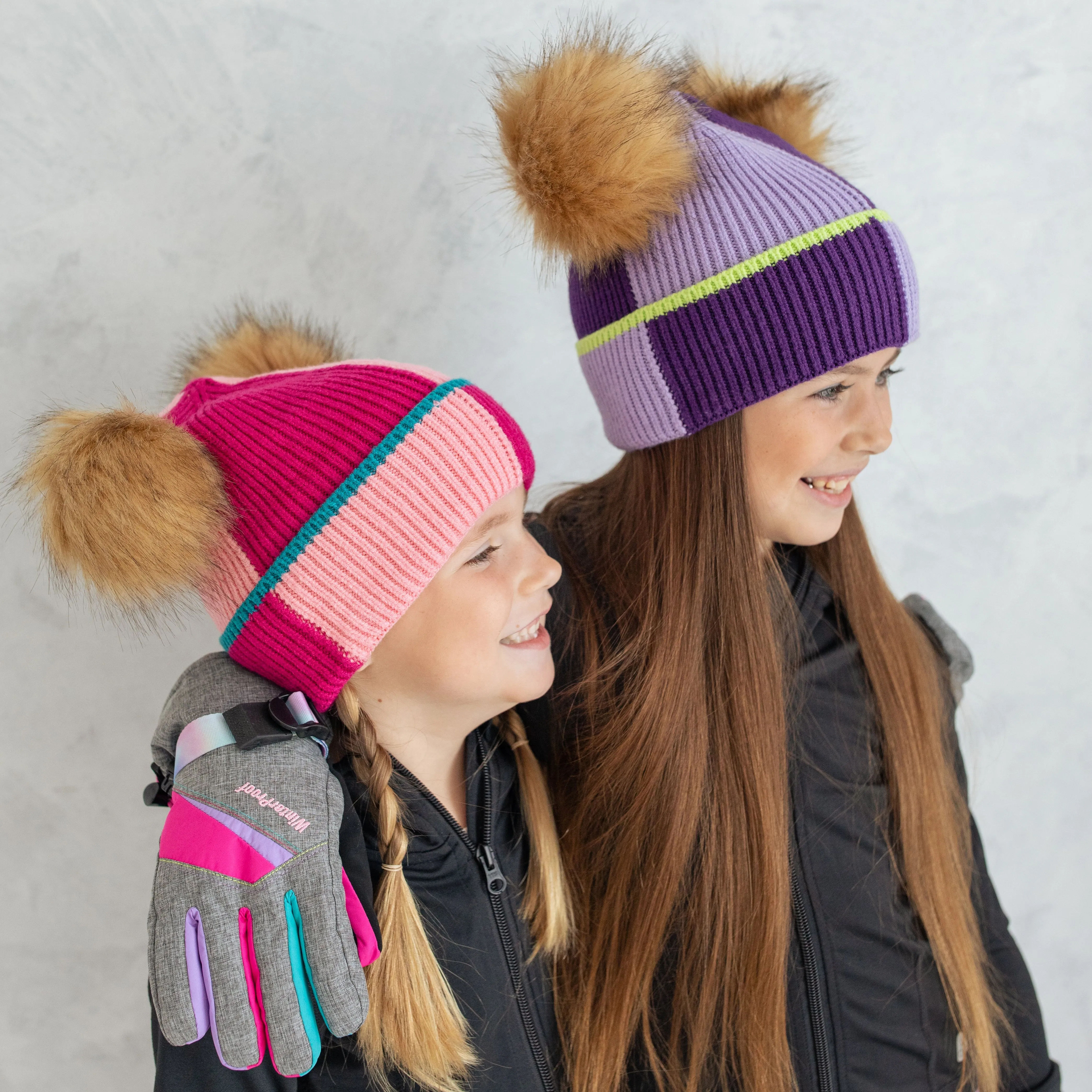 Girl's Pink Colour Block Pom Pom Toque