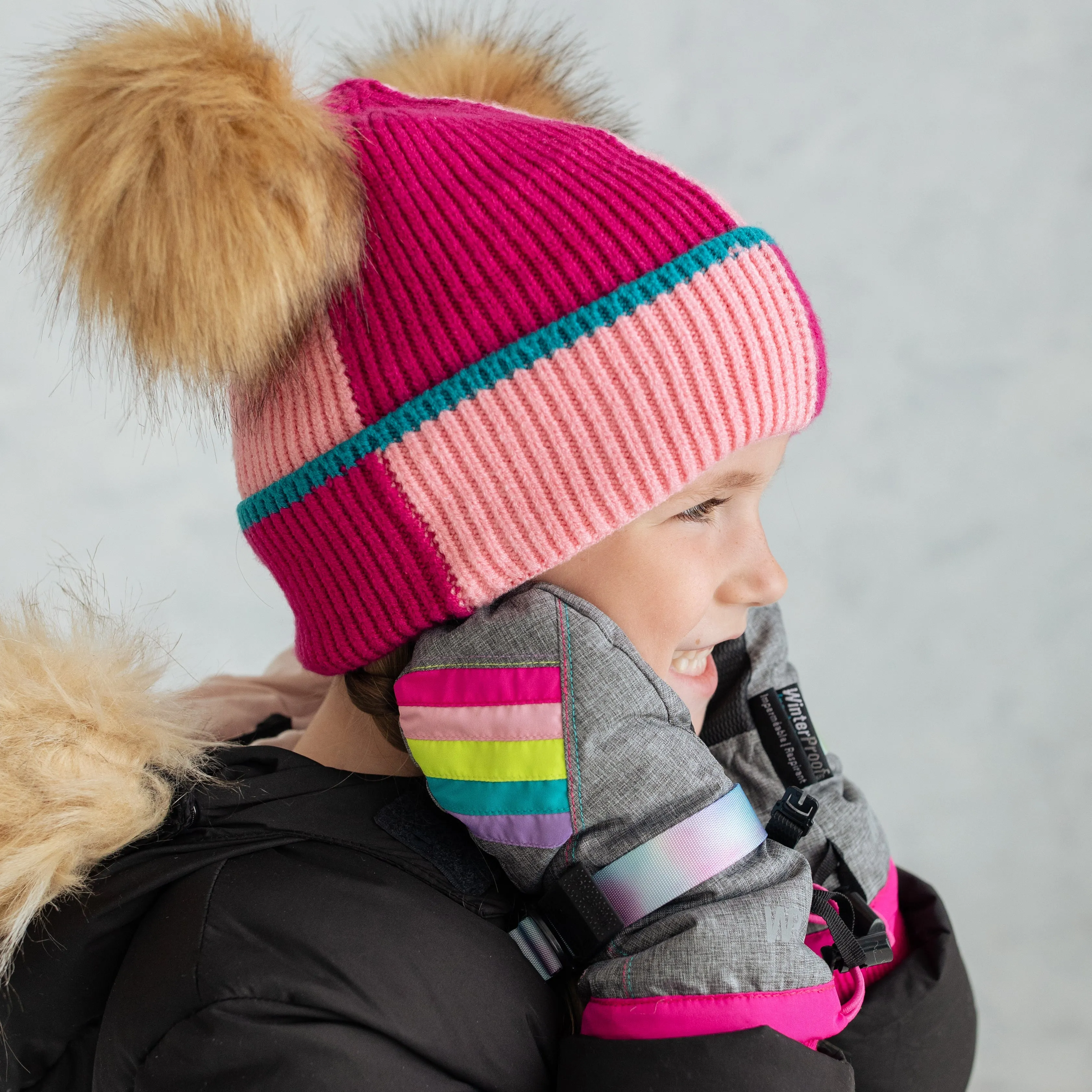 Girl's Pink Colour Block Pom Pom Toque