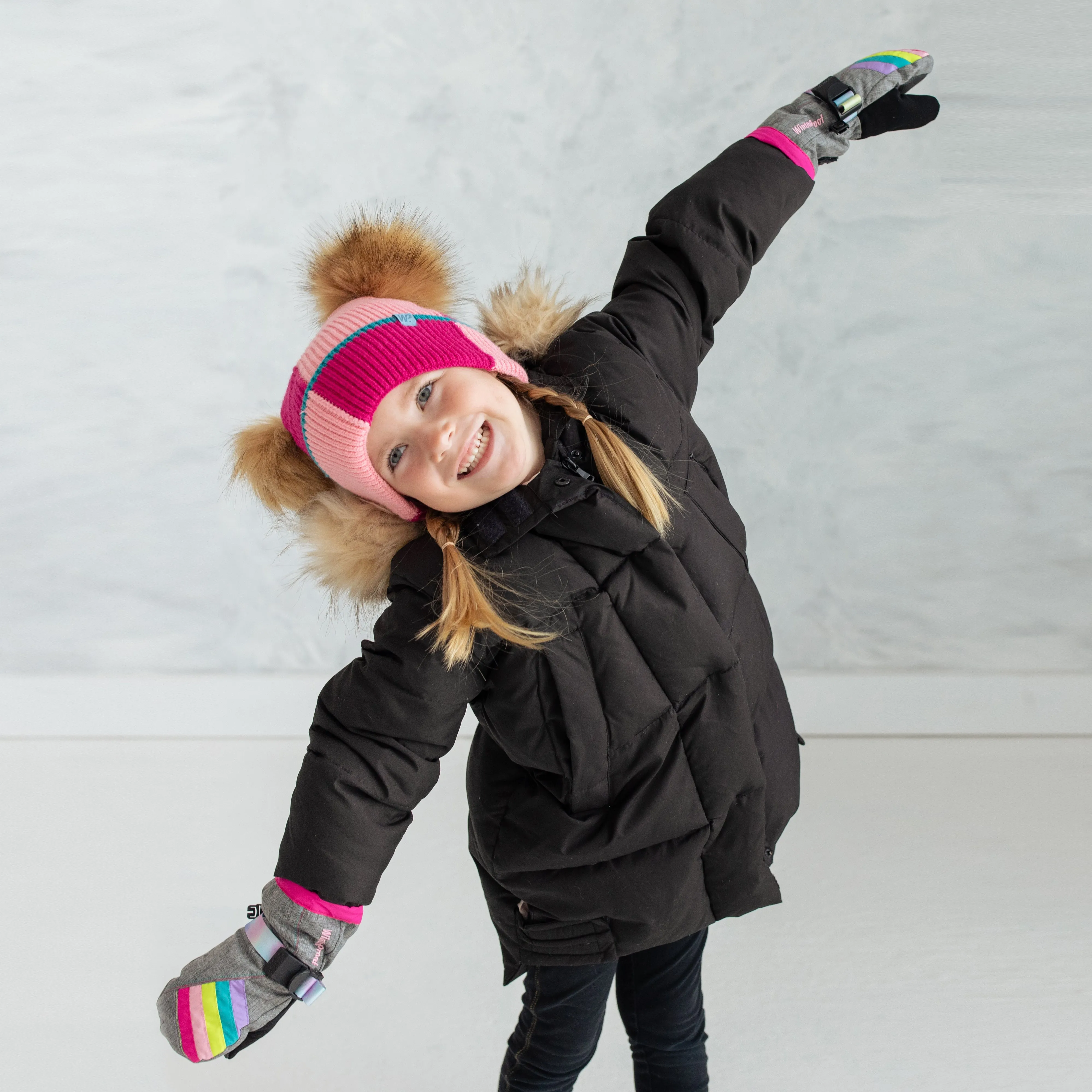 Girl's Pink Colour Block Pom Pom Toque