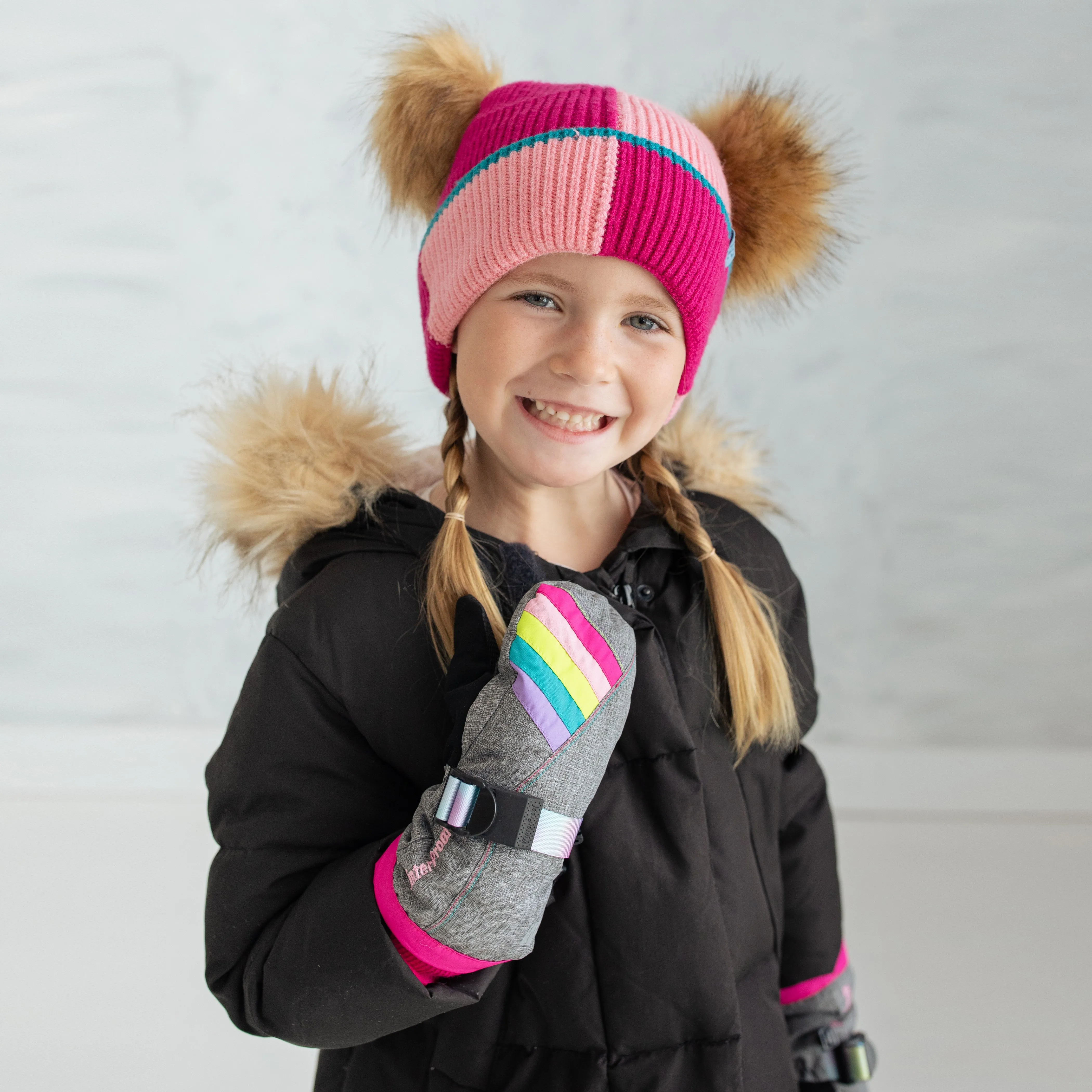 Girl's Pink Colour Block Pom Pom Toque