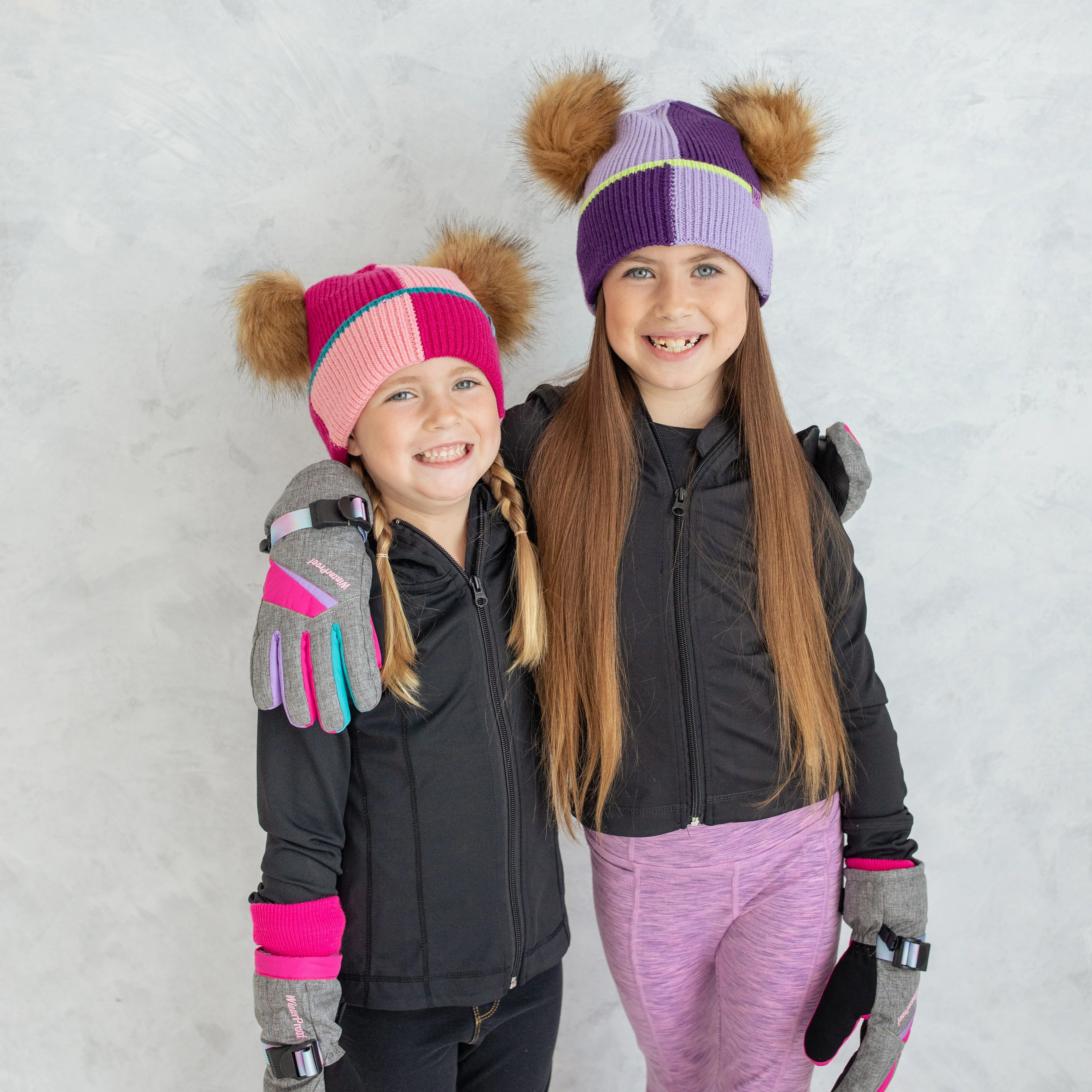 Girl's Pink Colour Block Pom Pom Toque