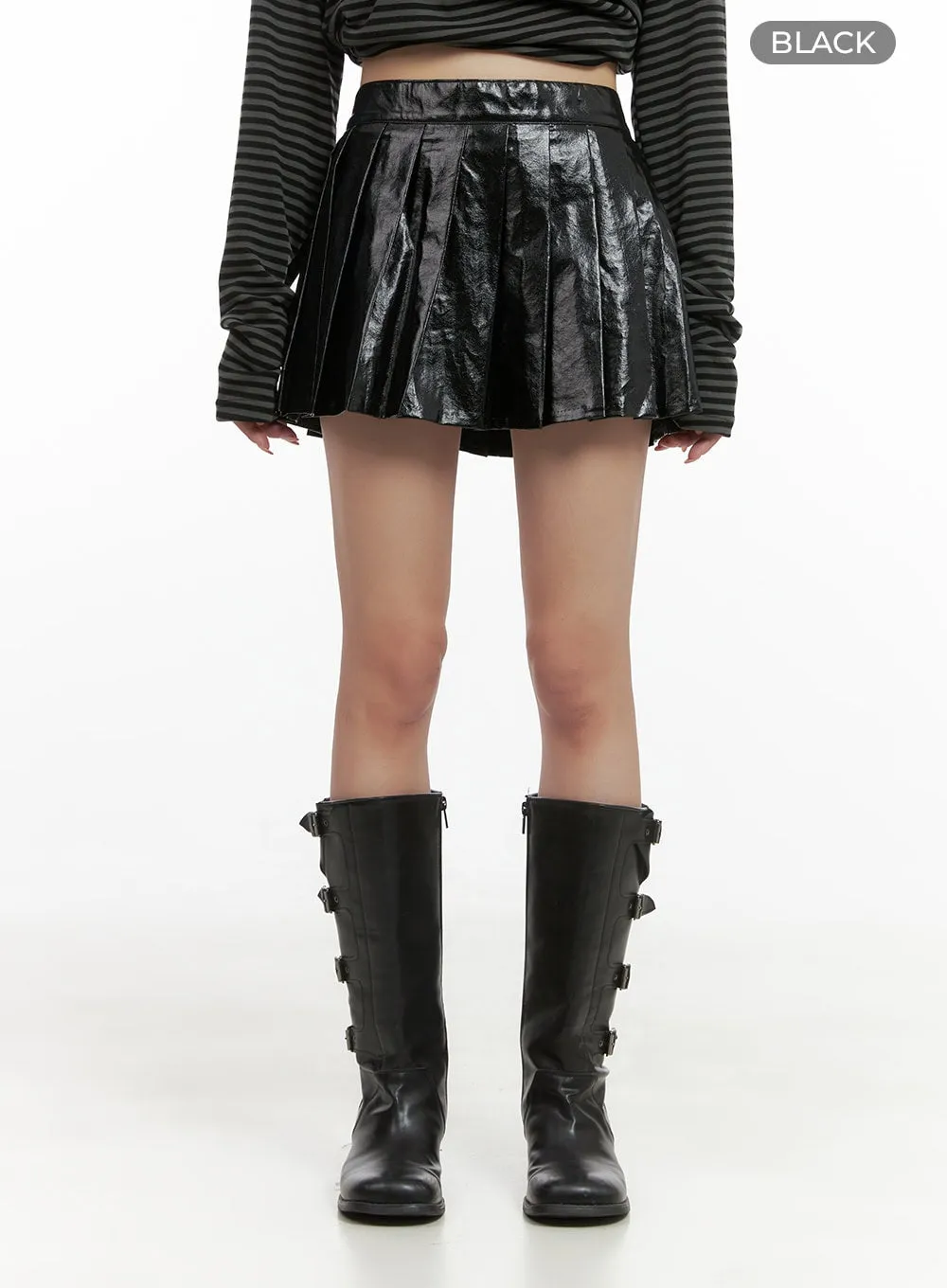 Glossy Faux Leather Pleated Mini Skirt CG430