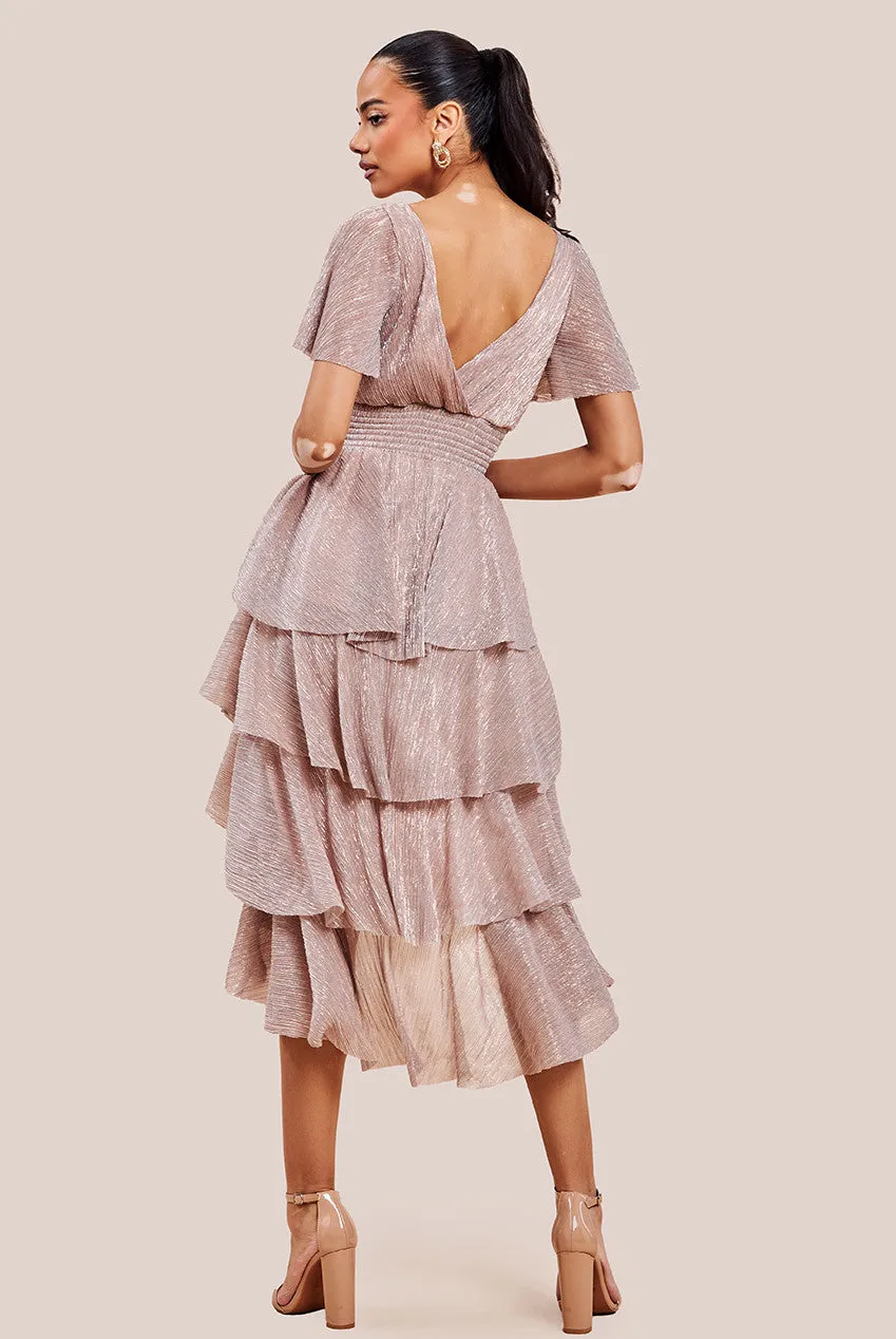 Goddiva Crinkle Lurex High Low Layered Midi Dress - Blush