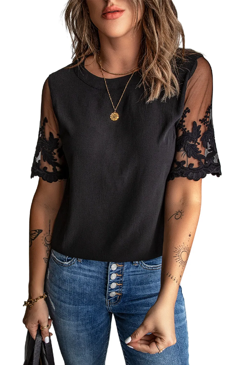 Gothic Outlaws Black Sheer Flower Lace Short Sleeve Top 🌹 – Summer Just Got a Whole Lot Sexier