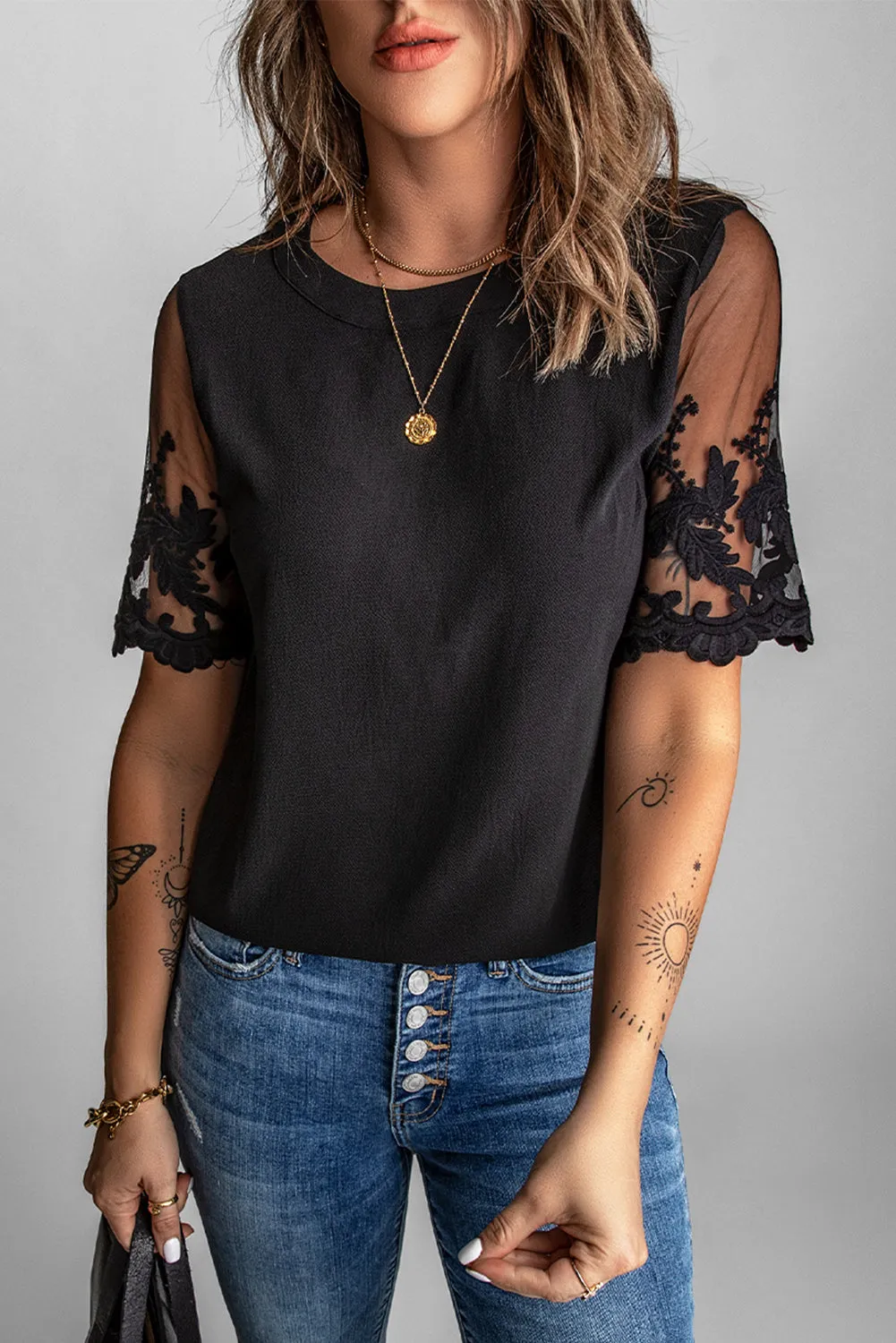 Gothic Outlaws Black Sheer Flower Lace Short Sleeve Top 🌹 – Summer Just Got a Whole Lot Sexier