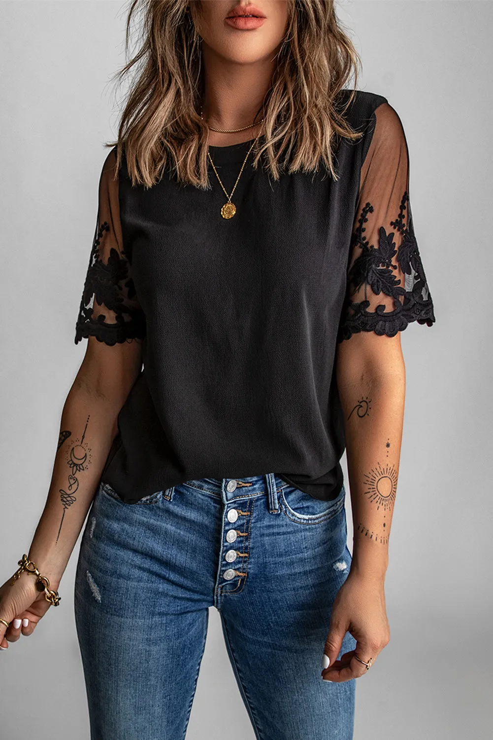 Gothic Outlaws Black Sheer Flower Lace Short Sleeve Top 🌹 – Summer Just Got a Whole Lot Sexier